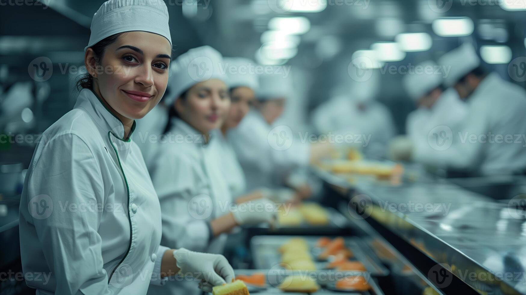 ai generato professionale femmina capocuoco con colleghi preparazione cibo nel commerciale cucina, focalizzata su ospitalità e culinario arti concetto, diverso squadra nel sfondo foto