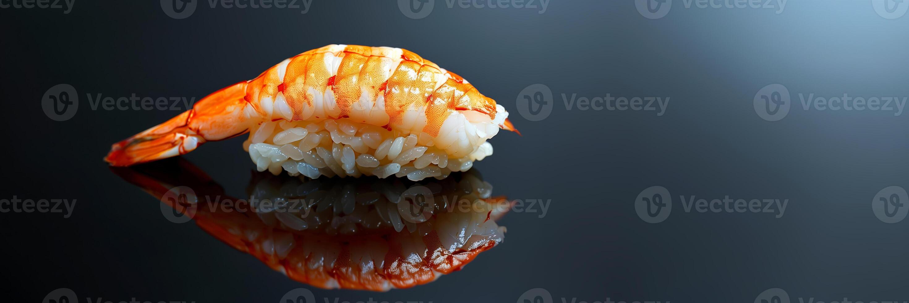 ai generato singolo pezzo di Sushi nigiri con un' succulento gamberetto su superiore, riflessa su un' scuro, elegante superficie, in mostra giapponese cucina foto