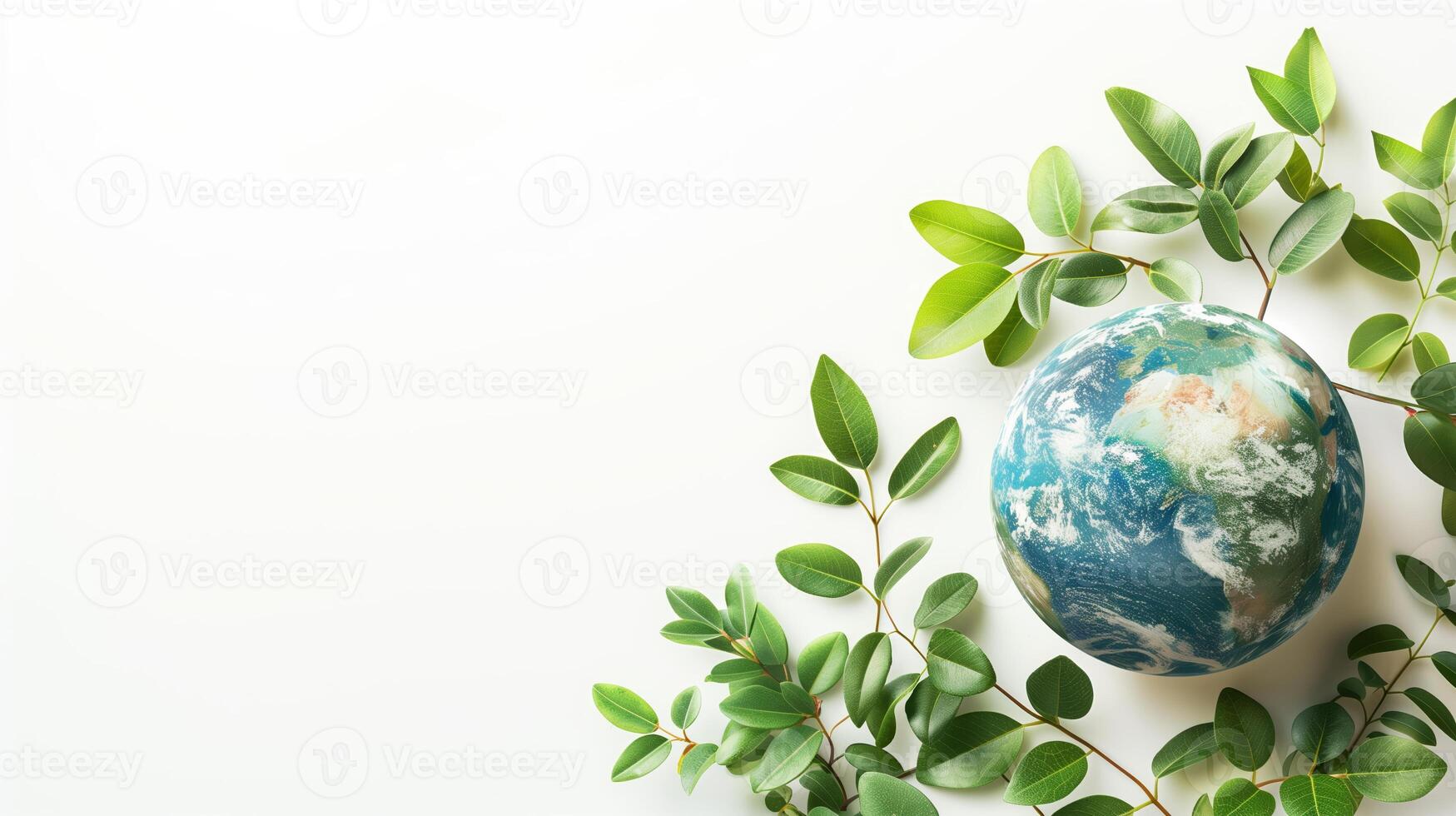 ai generato terra globo avvolto nel verde le foglie su un' bianca sfondo, simboleggiante ambientale conservazione, adatto per terra giorno promozioni foto
