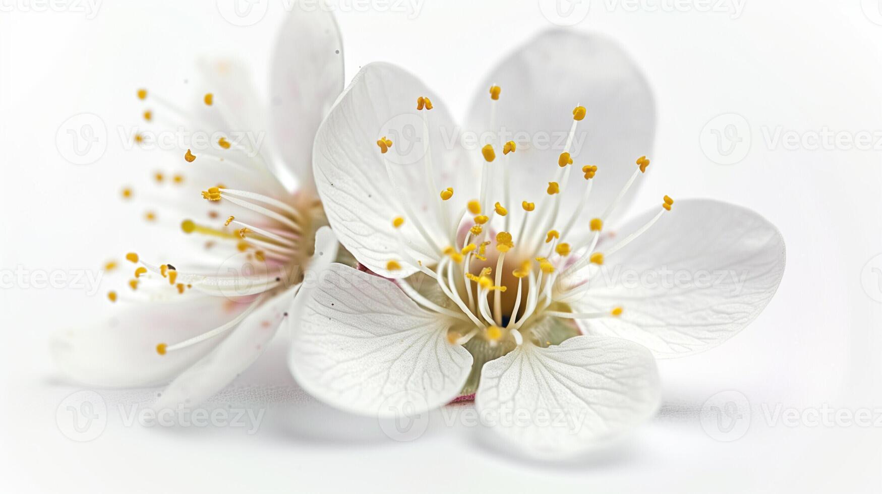 ai generato vicino su Visualizza di un' delicato prugna fiore, isolato su un' bianca sfondo foto