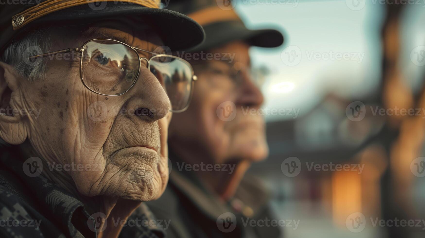 ai generato anziano caucasico veterano con occhiali, riflettendo su passato esperienze, nel un' solenne, riflessivo ritratto con sfocato sfondo foto