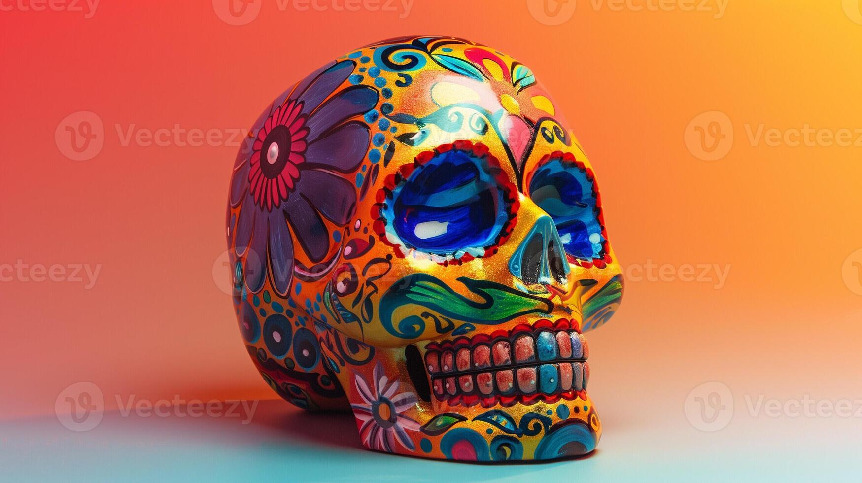 ai generato mano dipinto ceramica zucchero cranio ricco nel dettaglio e vivido colori isolato su un' pendenza sfondo esemplificativo cinco de mayo feste foto