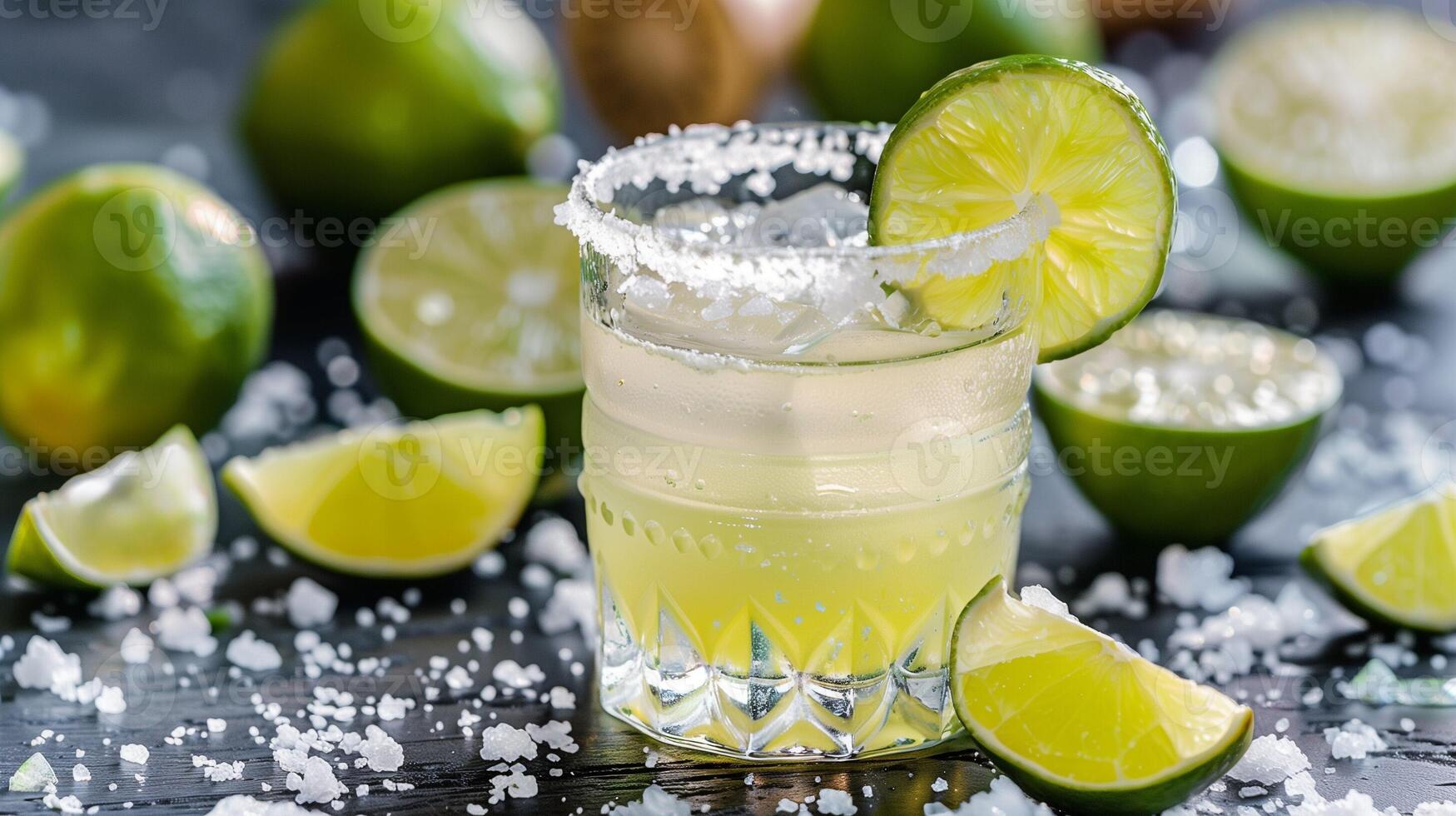 ai generato appena spremuto lime succo e Tequila con sale per Margherita foto