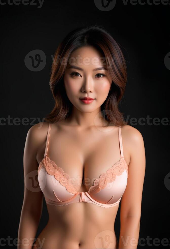 ai generato fiducioso asiatico donna nel elegante biancheria intima in posa contro un' nero sfondo, ideale per moda, bellezza campagne, o san valentino giorno promozioni foto