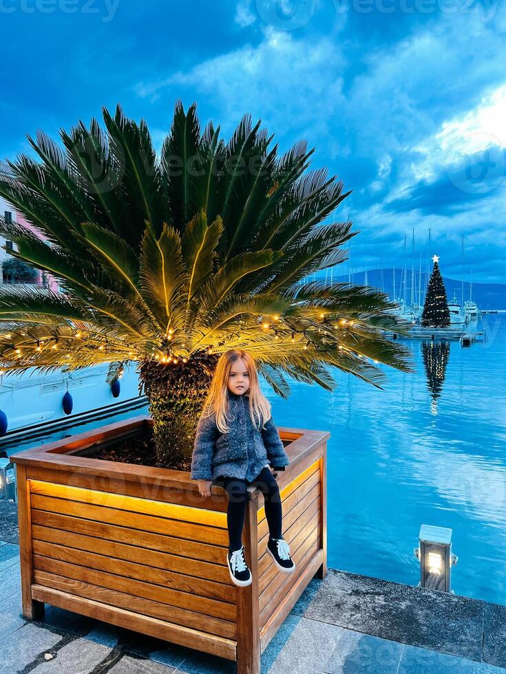 poco ragazza si siede su un' di legno vasca con un' palma albero decorato con luminoso ghirlande foto