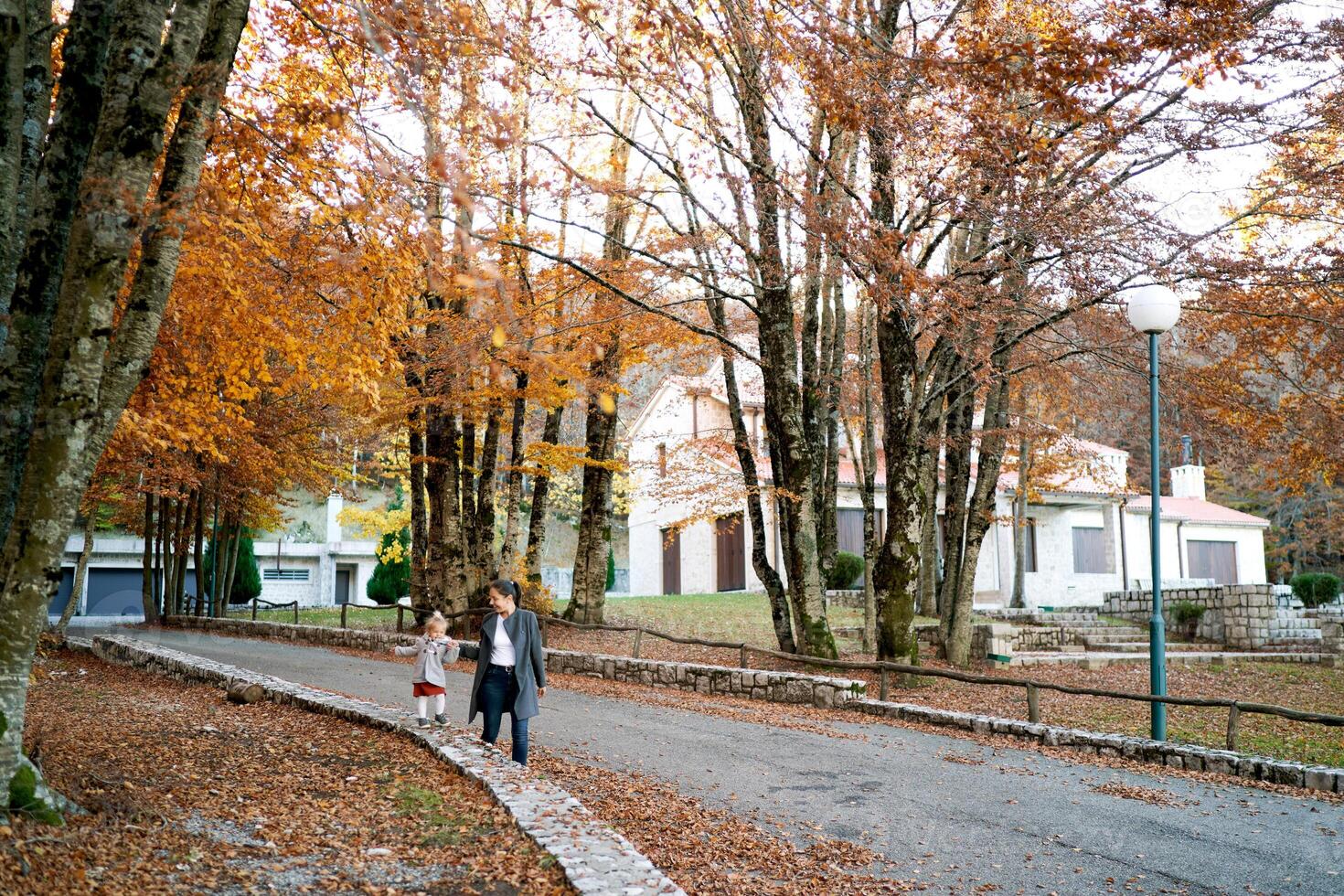 poco ragazza passeggiate lungo un' pietra recinto nel il parco Tenere sua mamma mano foto