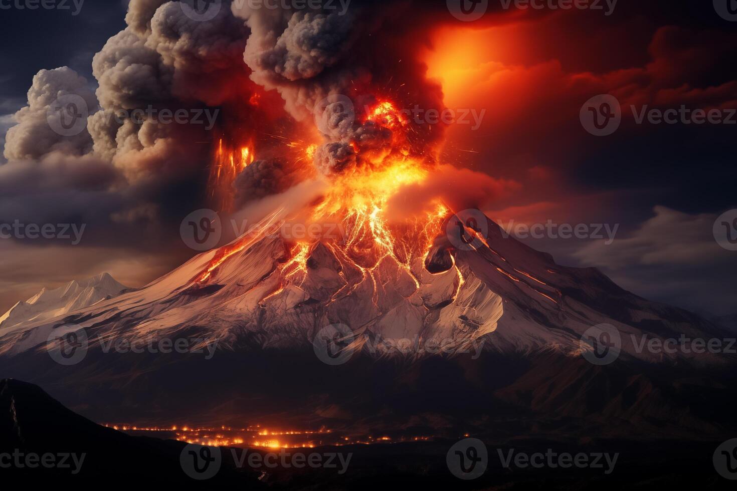 ai generato un' vulcano nel Islanda vicino il cittadina di grindavik erutta e lava flussi in il cittadina foto