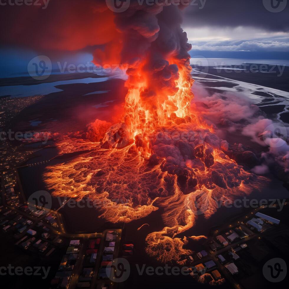 ai generato un' vulcano nel Islanda vicino il cittadina di grindavik scoppia, lava fluente su il cittadina foto