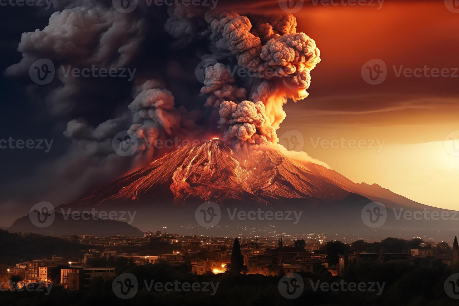 ai generato panoramica di il etna vulcano durante il eruzione foto