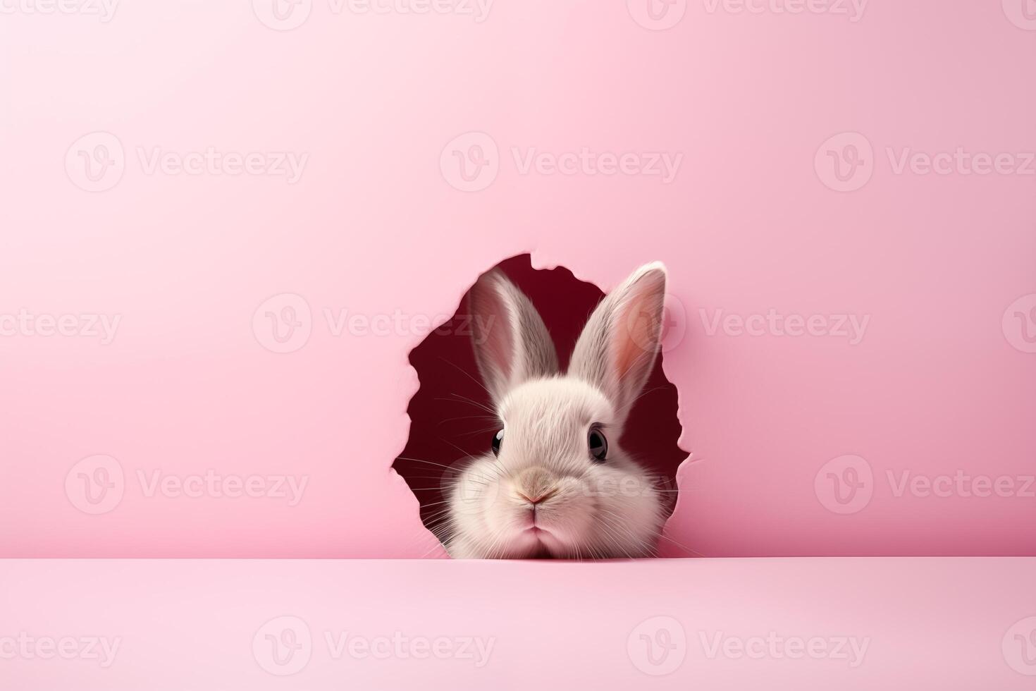 ai generato Pasqua coniglietto fa capolino su di il buco su pastello rosa sfondo foto