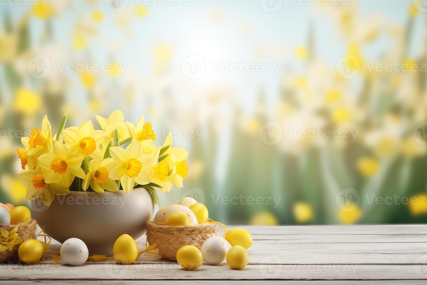 ai generato Pasqua vacanza celebrazione bandiera saluto carta bandiera con Pasqua uova nel un' ciotola e giallo giunchiglie fiori su tavolo foto