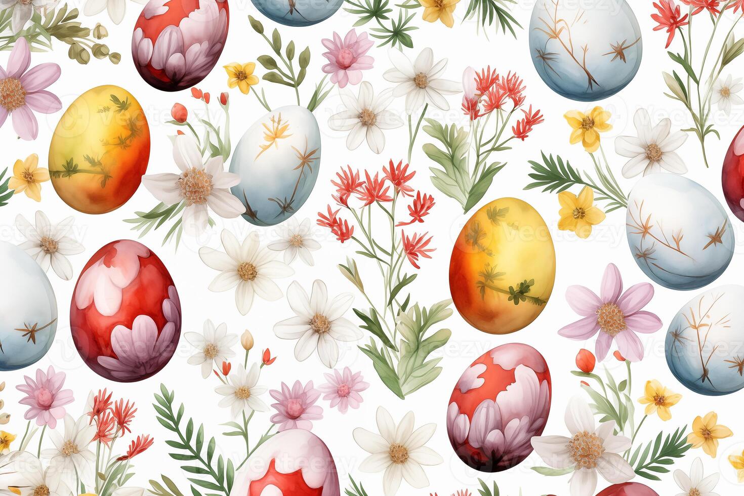 ai generato Pasqua uovo senza soluzione di continuità modello su bianca sfondo. acquerello colorato uova, primavera fiori, e fogliame. vacanza Stampa foto