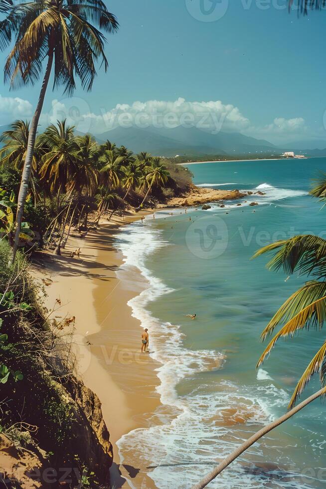 ai generato costiero oasi con palma alberi, azzurro acqua, e maestoso montagna fondale foto