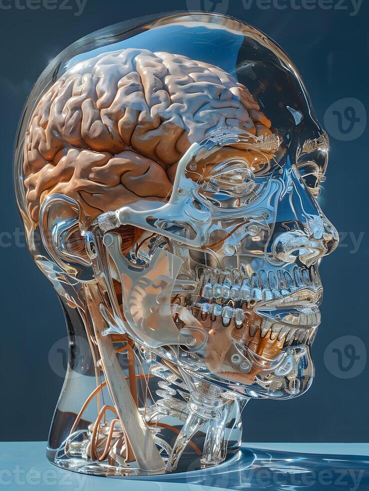 ai generato un' bicchiere testa con un' cranio e cervello dentro di esso foto