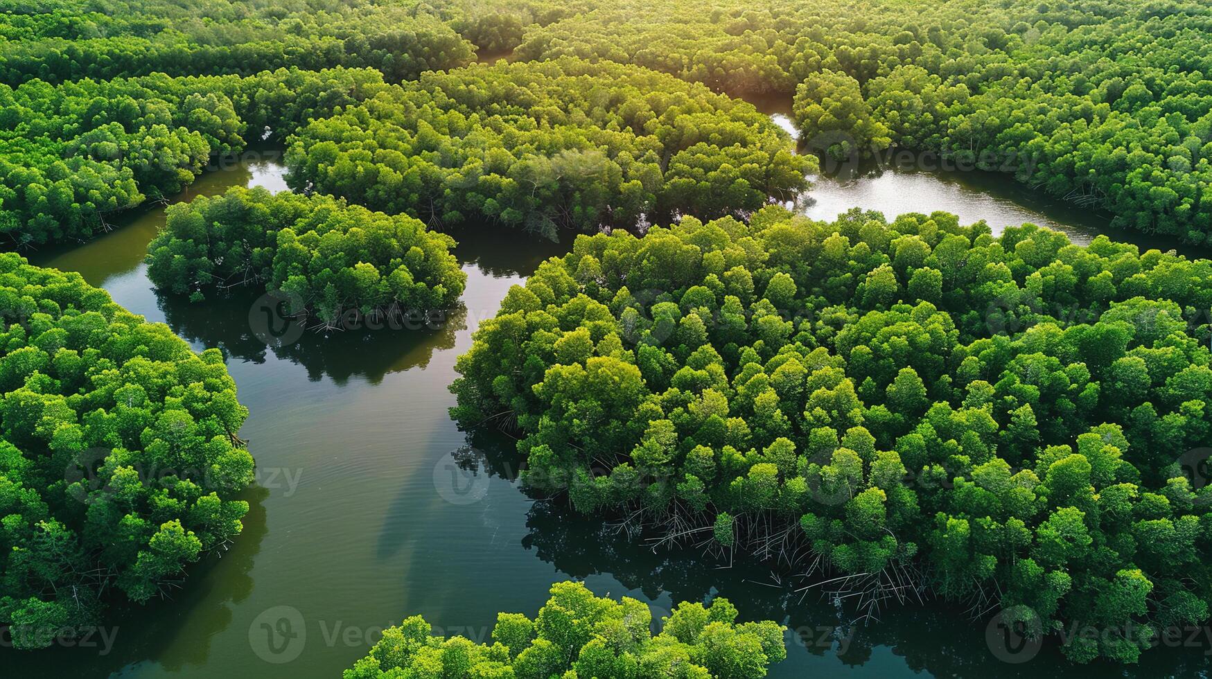 ai generato terra giorno - aereo superiore Visualizza di mangrovia foresta. ambiente giorno concetto con alberi e acqua ruscello fiume. fuco Visualizza verde sfondo per carbonio neutralità e zero emissione foto
