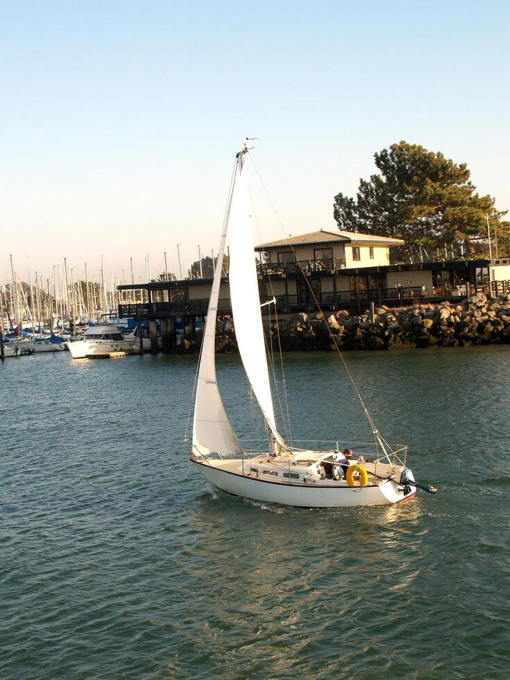 berkeley, circa, 2006 - barca a vela in esecuzione in porto con principale e fiocco vela foto