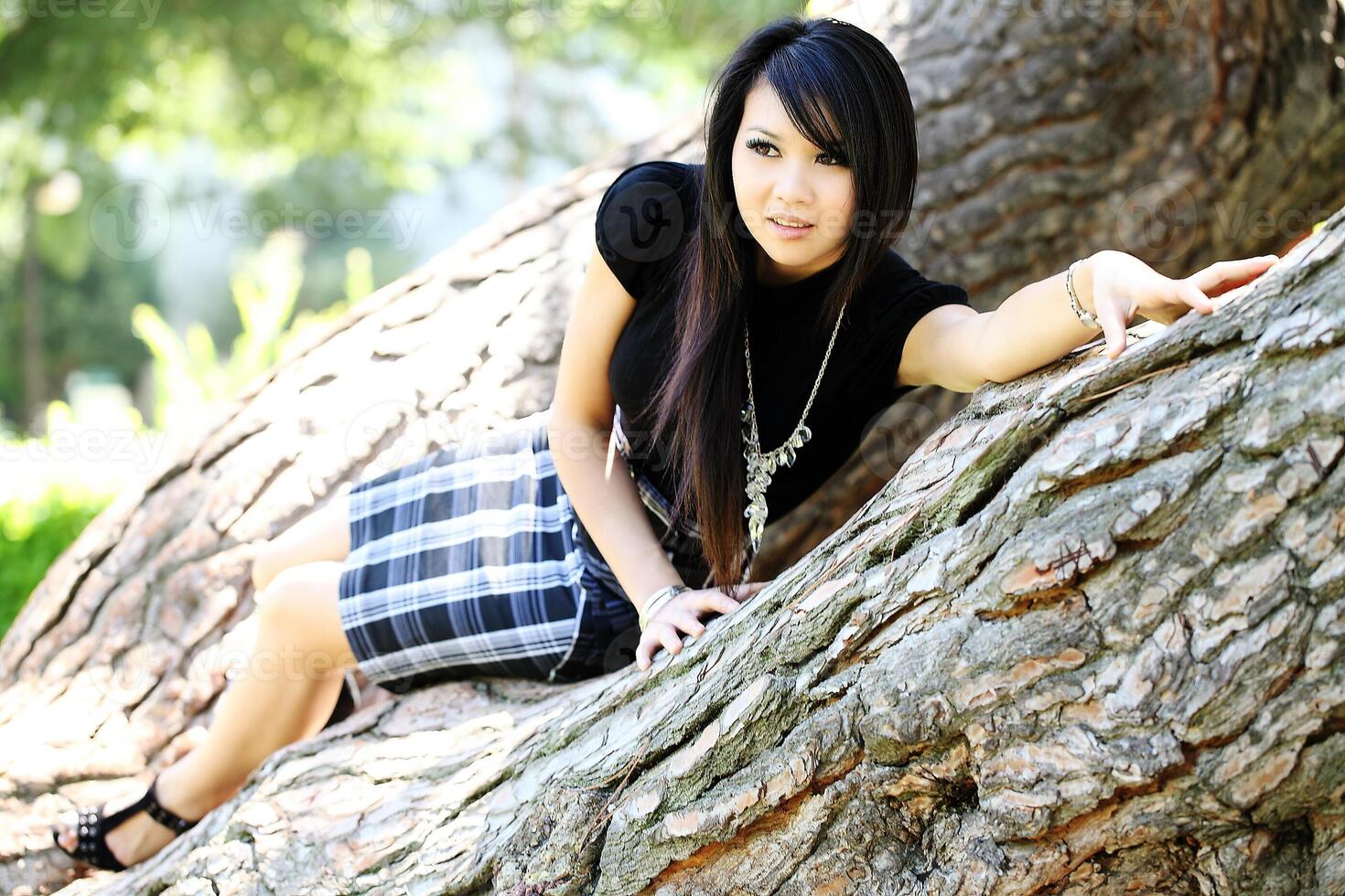 giovane asiatico americano donna nel quercia albero vestito foto