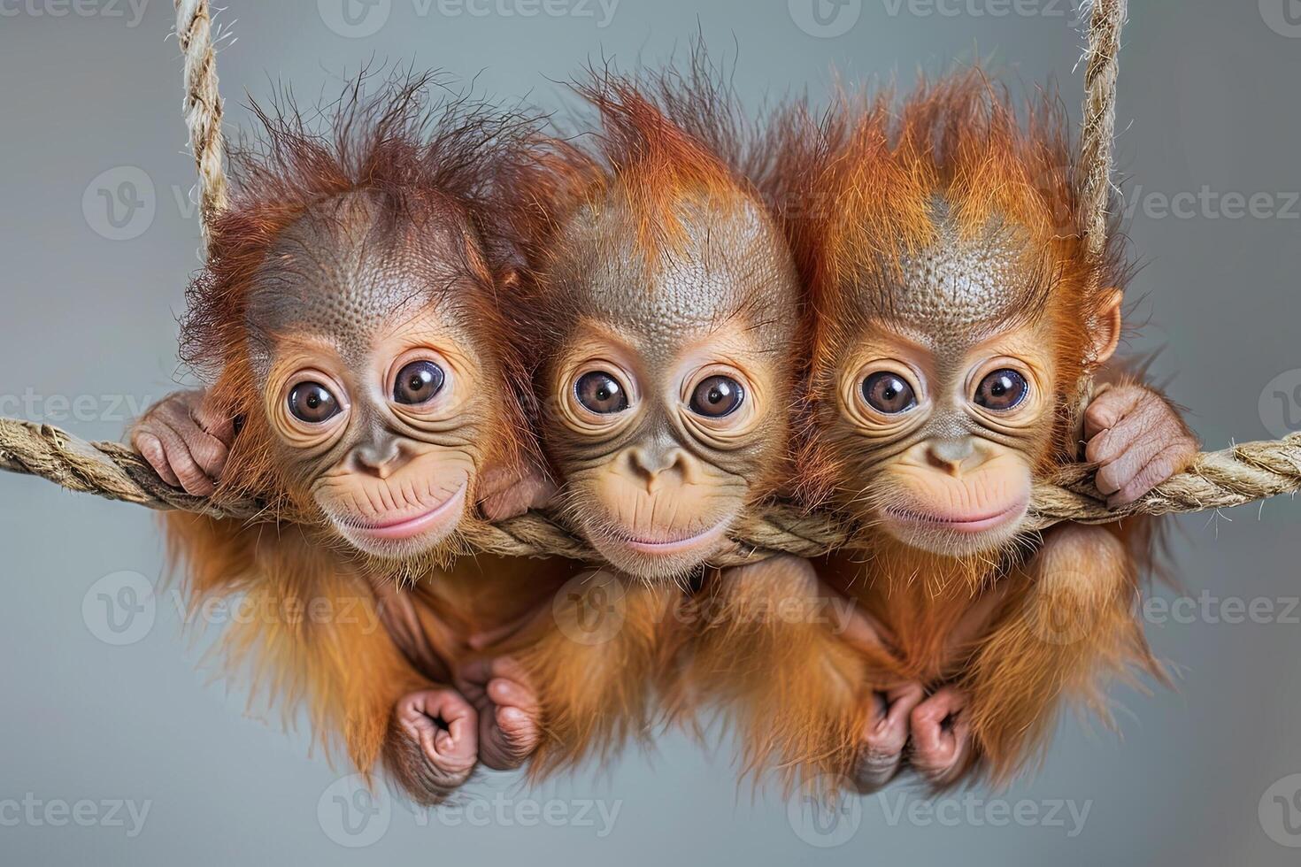 ai generato orang utan scimmia bambino gruppo di animali sospeso su su un' ramo, carino, sorridente, adorabile foto