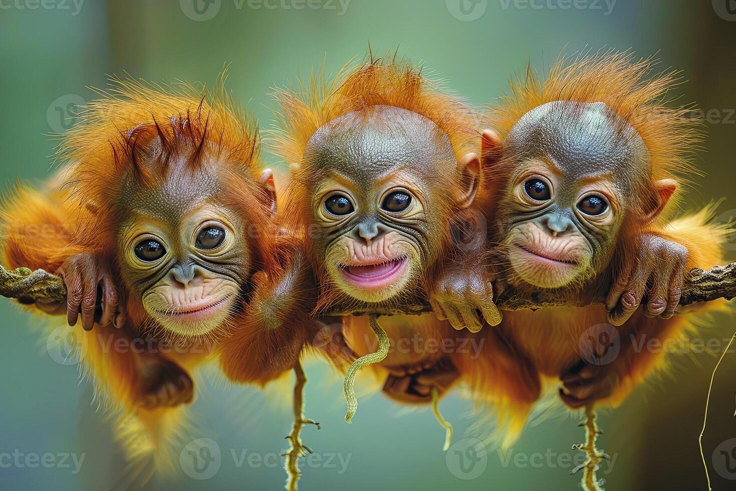 ai generato orang utan scimmia bambino gruppo di animali sospeso su su un' ramo, carino, sorridente, adorabile foto