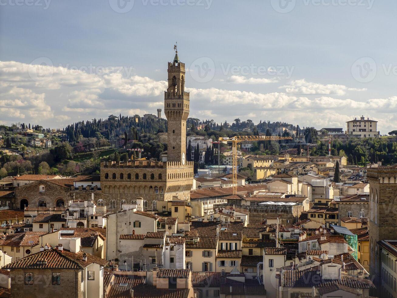 palazzo della signoria Firenze aereo Visualizza paesaggio urbano a partire dal giotto Torre dettaglio vicino Cattedrale Santa maria dei fiori, brunelleschi cupola Italia foto