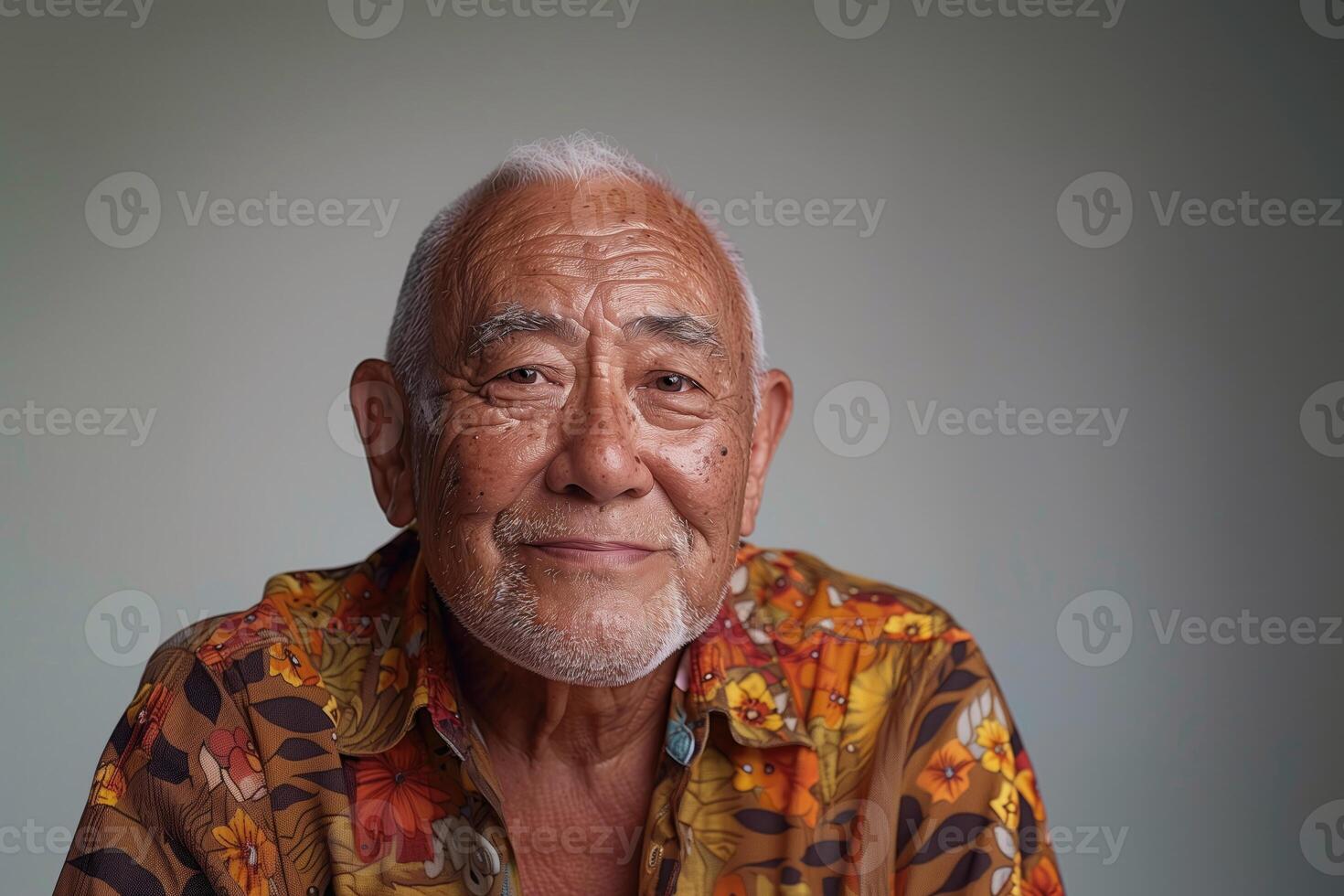 ai generato ritratto di sorridente asiatico anziano uomo su un' solido grigio sfondo foto