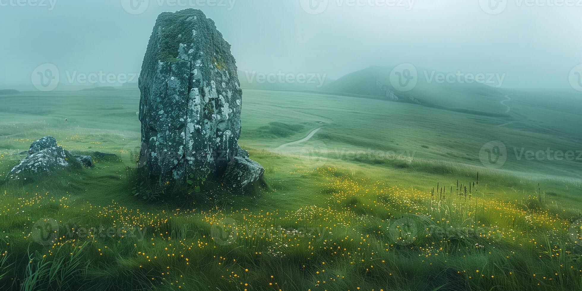 ai generato misterioso solitario megalito nel un' mattina nebbia foto