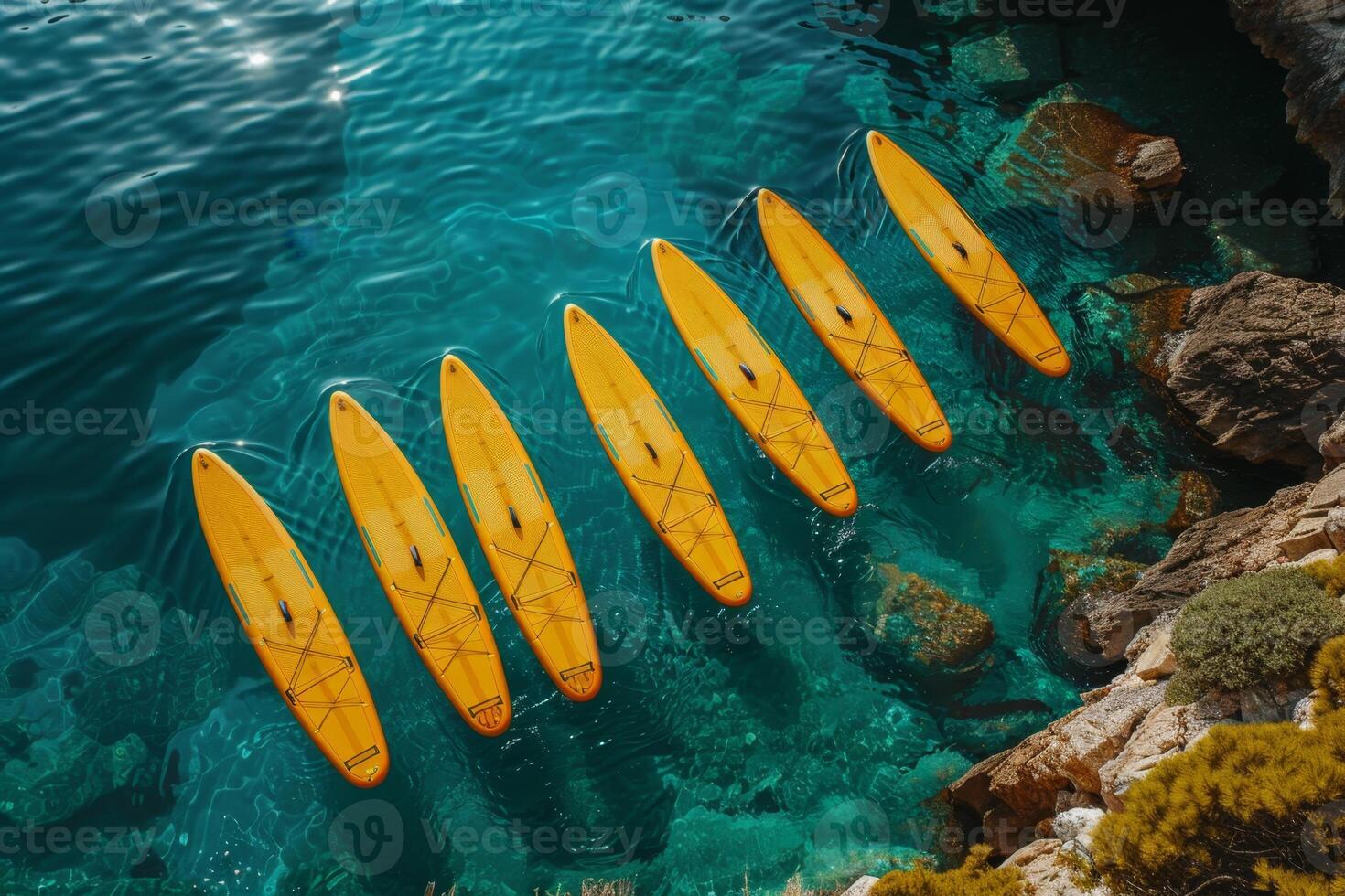ai generato un' impostato di giallo tavole da surf su un' blu mare sfondo foto
