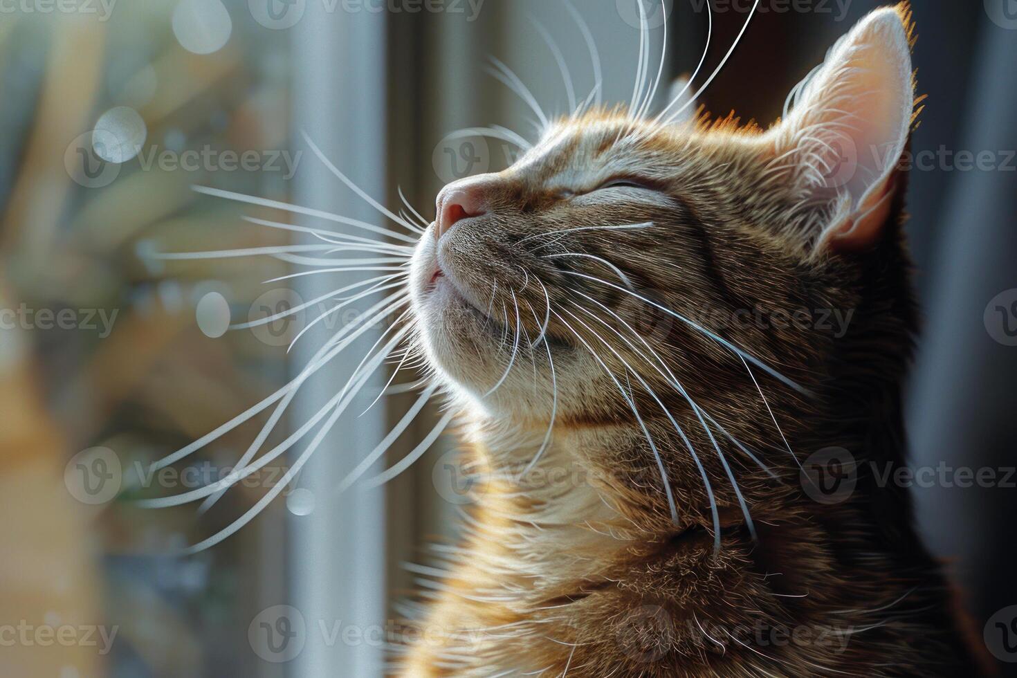 ai generato soddisfare soriano gatto godendo luce del sole foto
