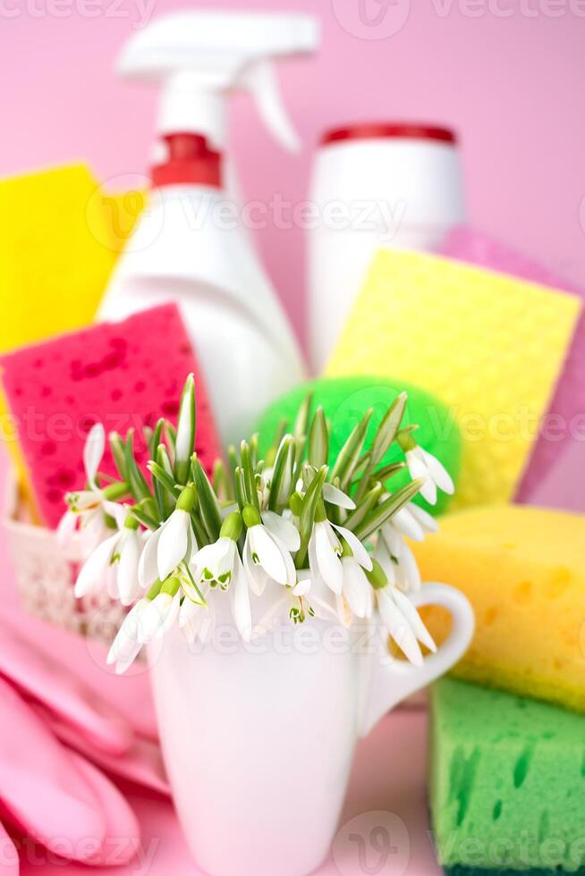 primavera fiori e e vario detersivi per pulizia il Casa su un' rosa sfondo. concetto di primavera pulizia. avvicinamento. selettivo messa a fuoco. foto