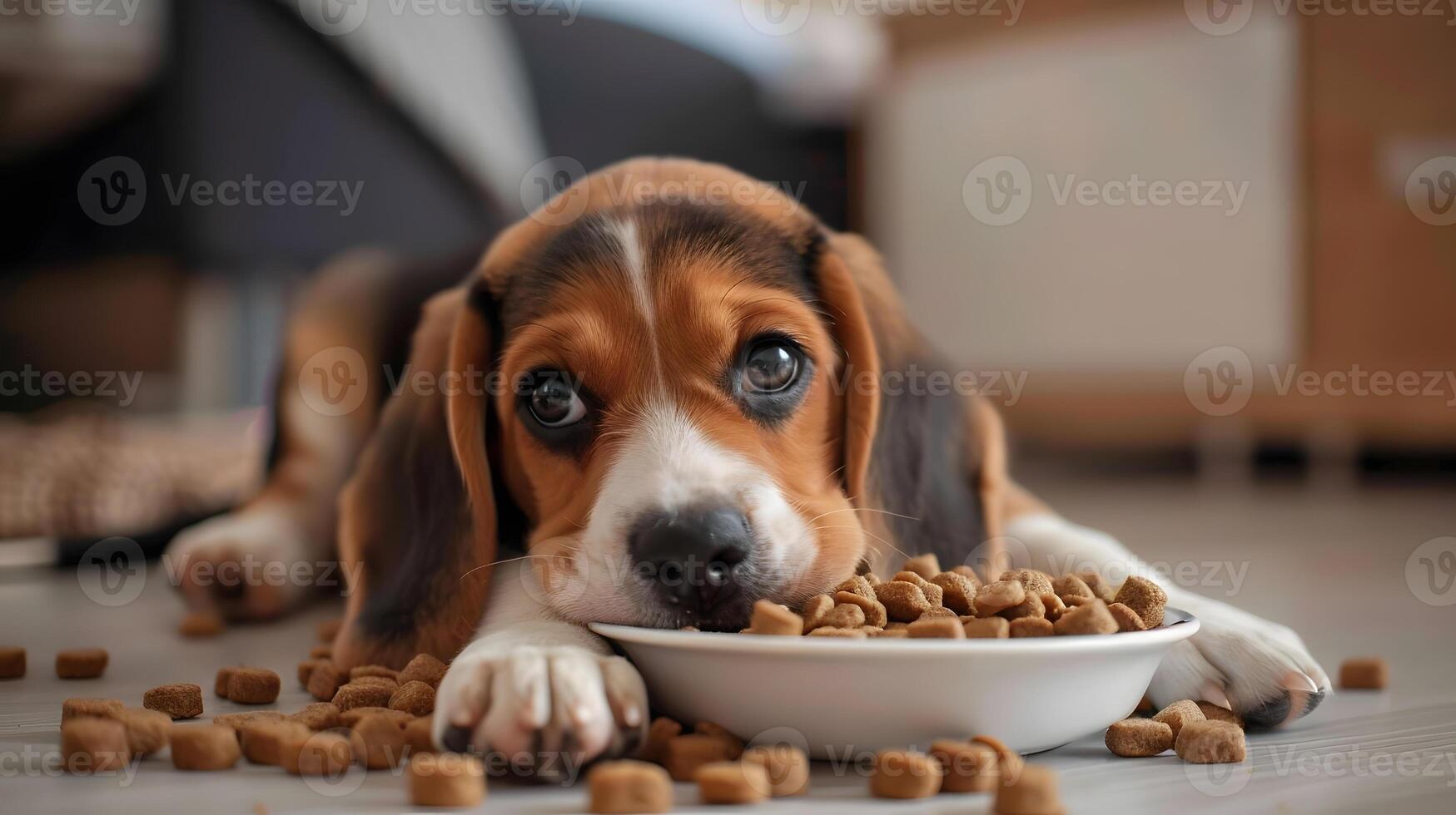 ai generato un' piccolo carino beagle cucciolo vicino un' ciotola di cibo. ai generato foto