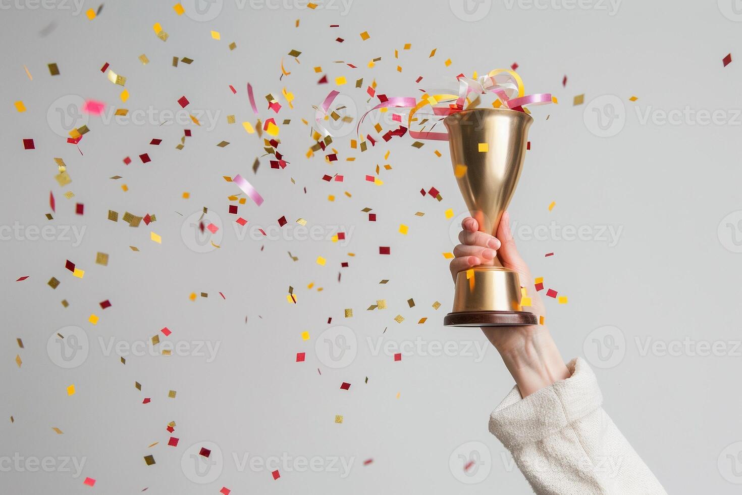 ai generato mani di attività commerciale donna Tenere e sollevamento un' d'oro trofeo, circostante con Congratulazioni coriandoli nastro fiocchi. foto