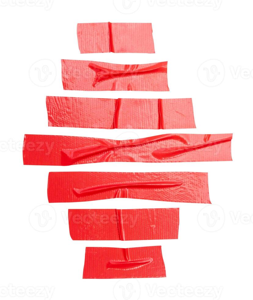 superiore Visualizza impostato di rugosa rosso adesivo vinile nastro o stoffa nastro nel strisce forma isolato su bianca sfondo con ritaglio sentiero foto