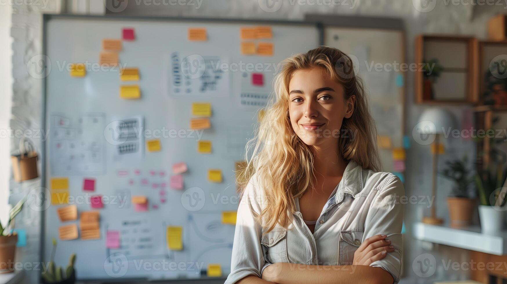 ai generato donna nel davanti di parete con appiccicoso Appunti foto