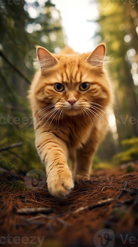 ai generato un arancia gatto a piedi attraverso un' foresta. ai generato Immagine. professionista foto