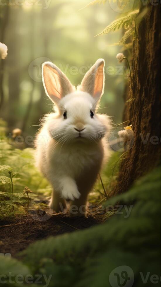 ai generato un' bianca coniglio nel il boschi con fiori. ai generato Immagine. professionista foto