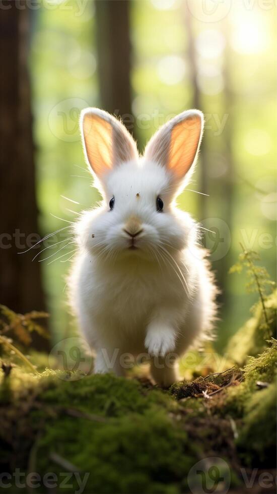 ai generato un' bianca coniglio è a piedi attraverso il foresta. ai generato Immagine. professionista foto