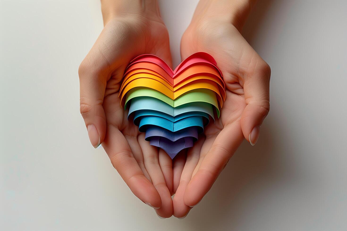 ai generato mani hold cuore nel il colori di un' arcobaleno. lgbt concetto, orgoglio mese. superiore Visualizza, bianca sfondo foto