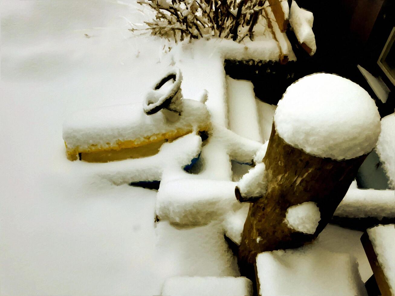 il neve coperto slitta parcheggiata al di fuori il Casa dopo il nevicata nel digitale pittura stile foto