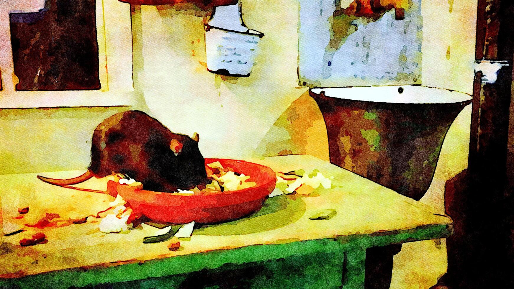un' ratto mangiare su un' tavolo nel un vecchio Casa foto