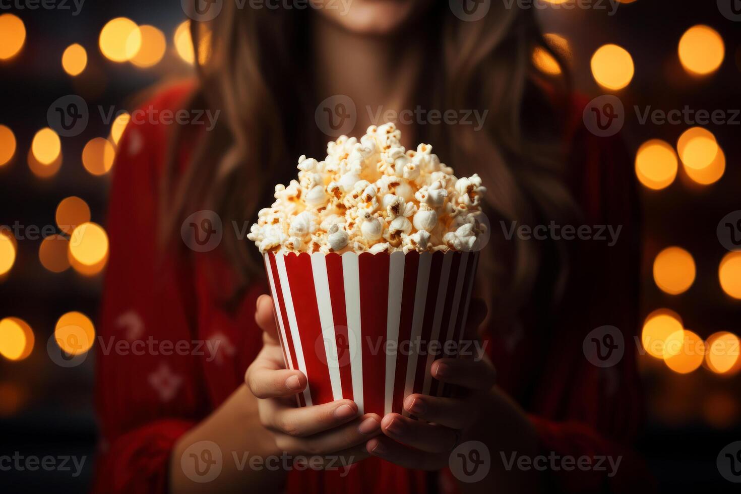 ai generato donna Tenere un' Popcorn scatola, concetto di intrattenimento. ai generativo foto