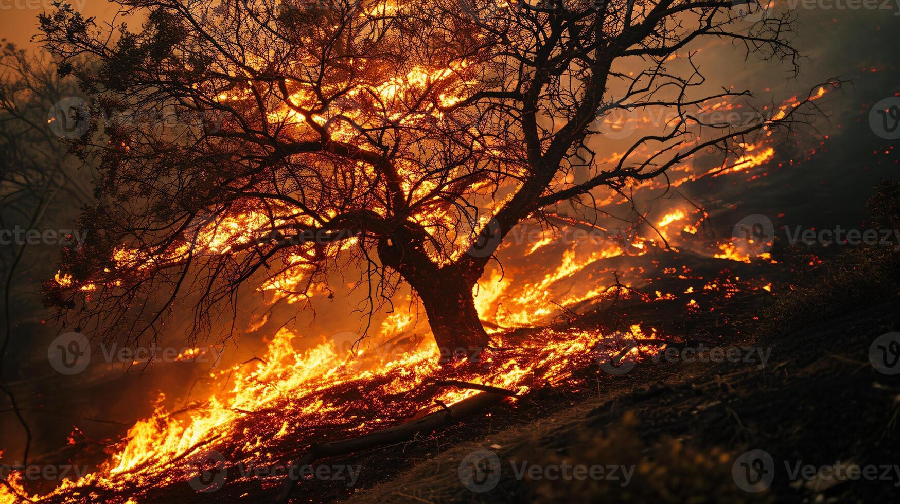 ai generato un' sfolgorante albero Engulfed nel fiamme, un' mortale wildfire minaccioso nelle vicinanze strade e veicoli con innocente occupanti. foto