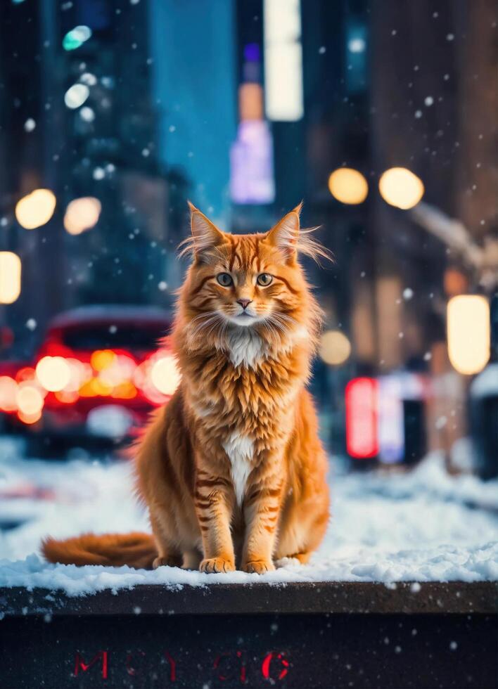 ai generato Zenzero gatto seduta su neve e guardare a telecamera. inverno sfondo. ai generativo foto