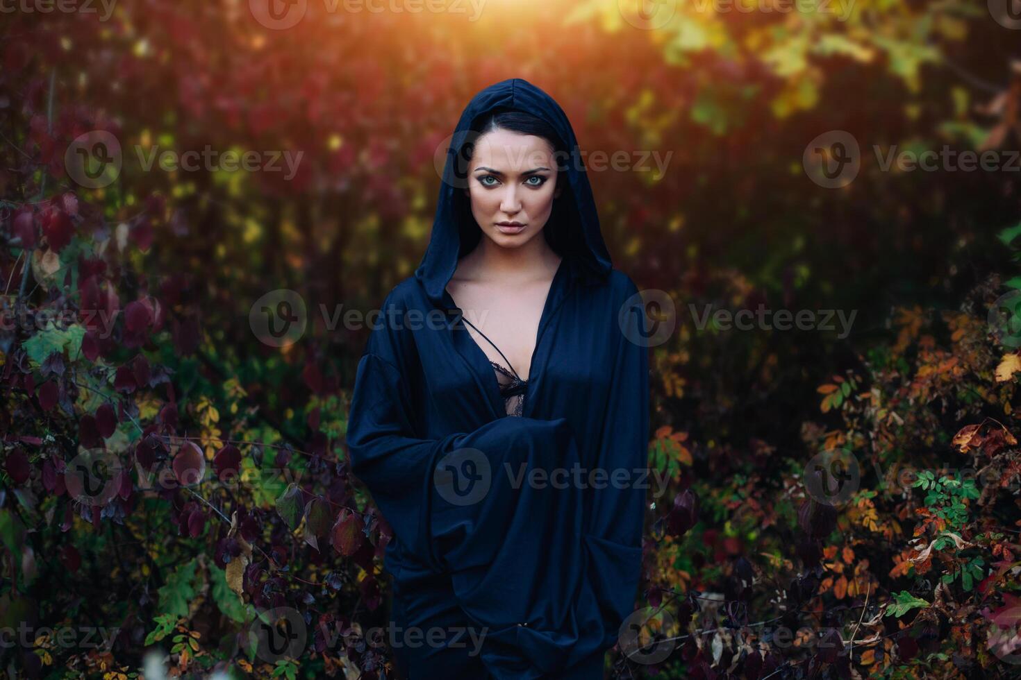 un' ragazza nel un' nero vestire, un' mantello con un' cappuccio. esso sta contro il sfondo di il autunno foresta. strega costume, satanista, negromante, Halloween costume. foto