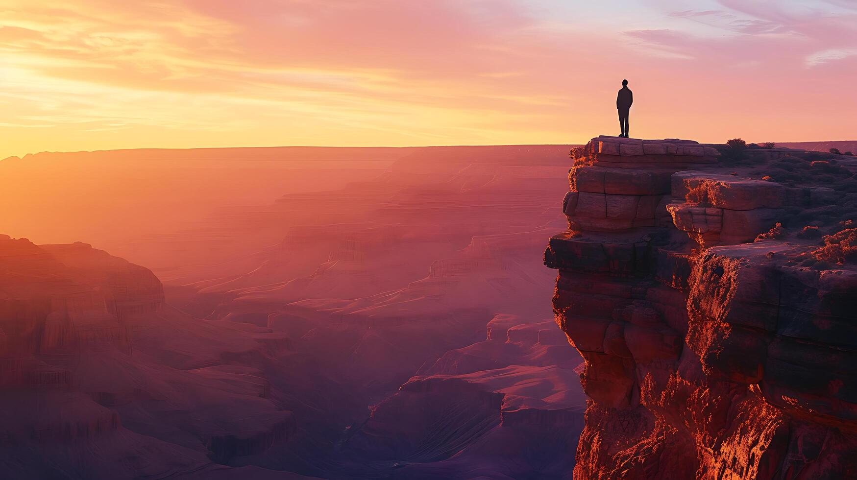 ai generato resiliente figura facce scoraggiante viaggio nel aspro paesaggio combattendo paura con determinazione sotto buio tempesta nuvole foto