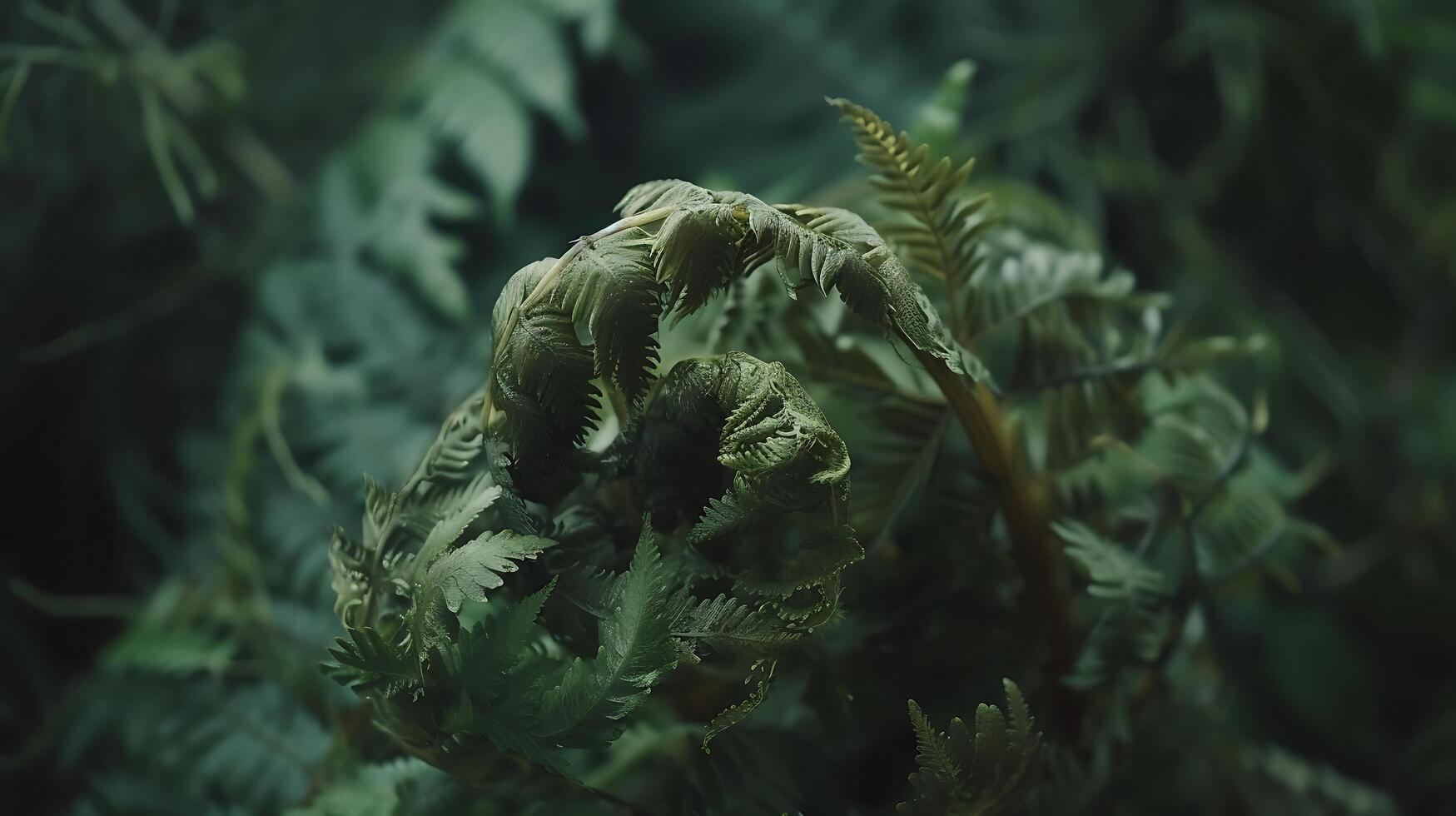 ai generato lussureggiante verde felce unfurling nel morbido naturale leggero catturato con macro lente foto