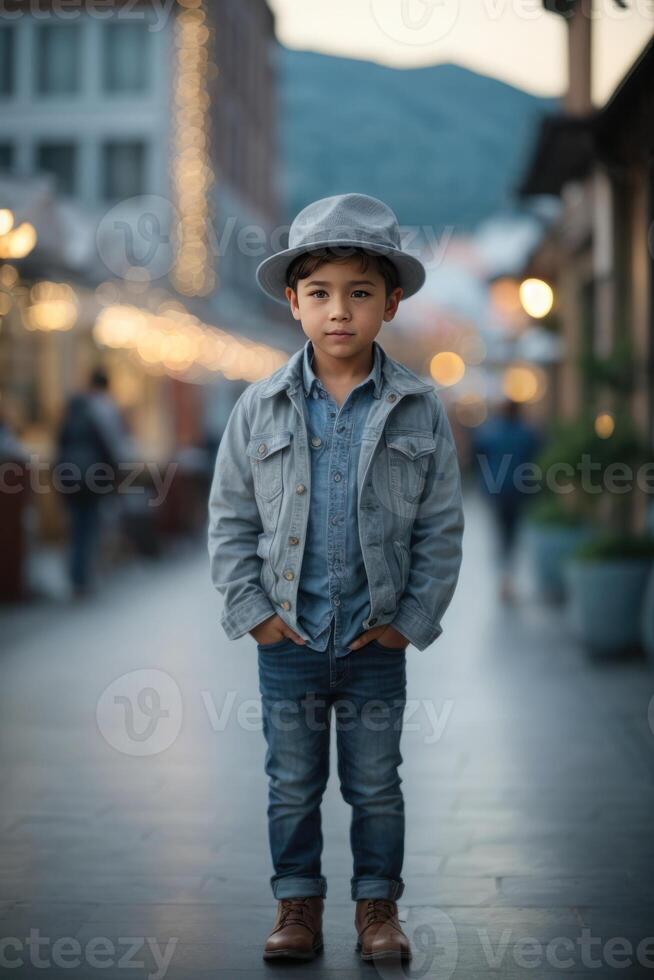 ai generato ragazzo nel un' cappello indossare jeans foto