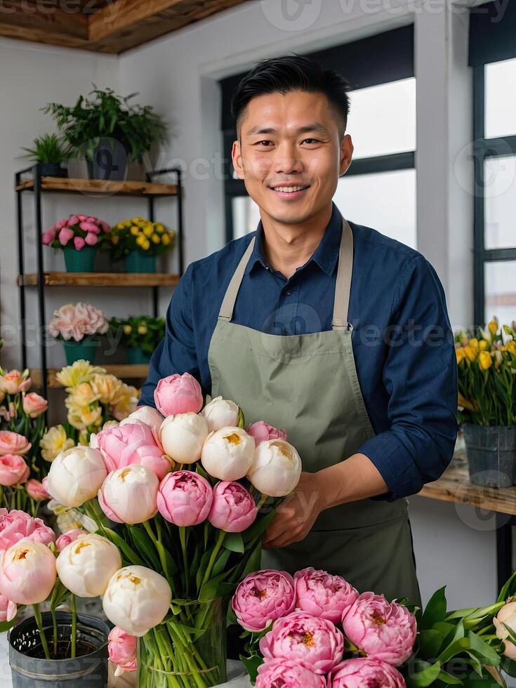 ai generato asiatico uomo fioraio raccoglie un' mazzo di pioni- fresco tagliare fiori nel scatole e vasi nel fiore negozio e cremagliere per saldi, consegna per il vacanza. molla, marzo 8, Da donna giorno, compleanno foto