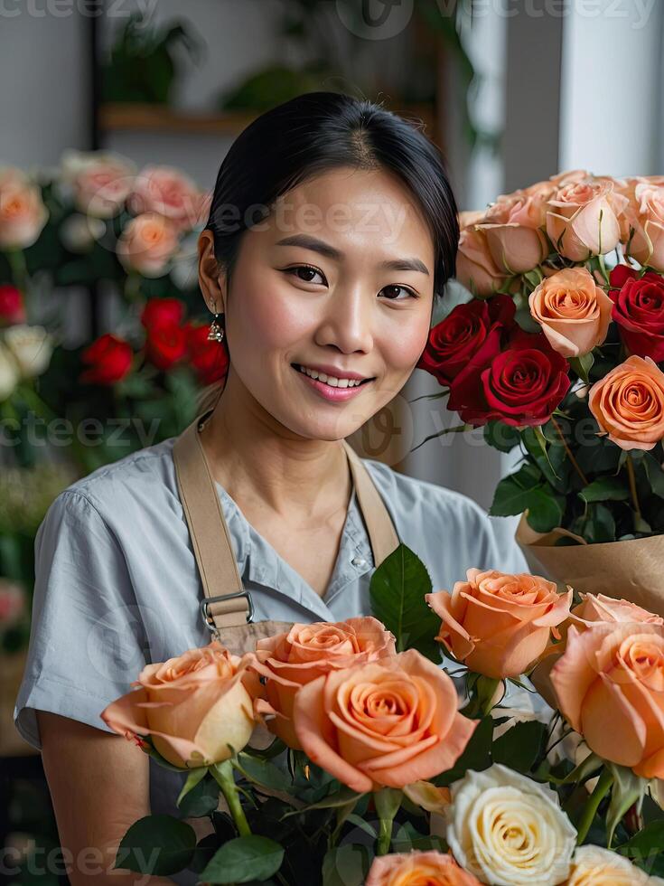 ai generato asiatico donna fioraio raccoglie un' mazzo di Rose- fresco tagliare fiori nel scatole e vasi nel fiore negozio e cremagliere per saldi, consegna per il vacanza. molla, marzo 8, Da donna giorno, compleanno. foto