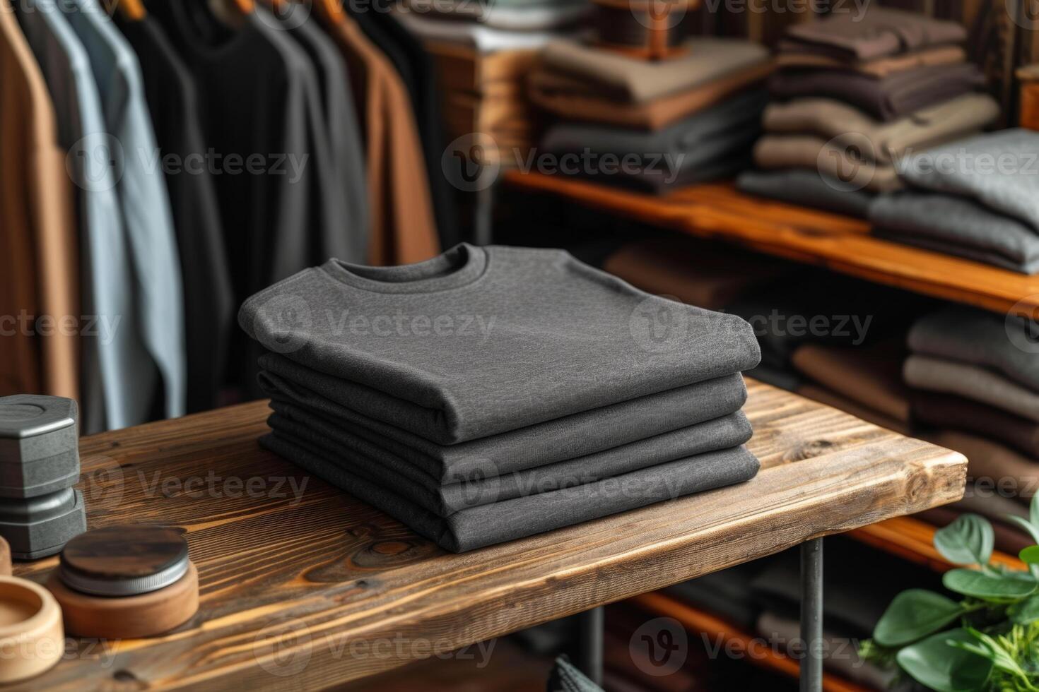 ai generato impilati nero magliette siamo su il tavolo nel il negozio. stile di vita concetto foto