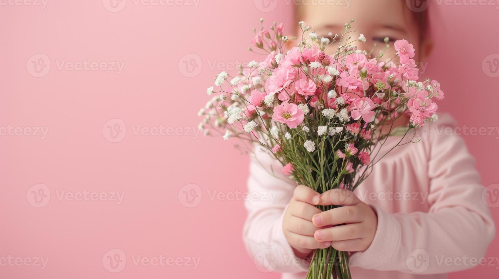 ai generato bambino dando mazzo di fiori di fiore su rosa pastello sfondo foto